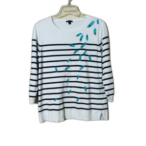 Talbots Embroidered Peacock Feather Pullover Sweater Women's M Cream/Navy Stripe